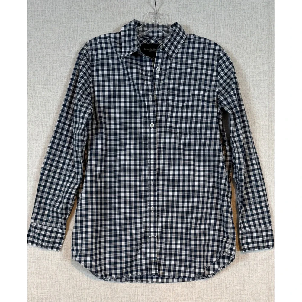 Banana Republic Soft Wash Mens XS Navy White Plaid Cotton Button Down Shirt Prep